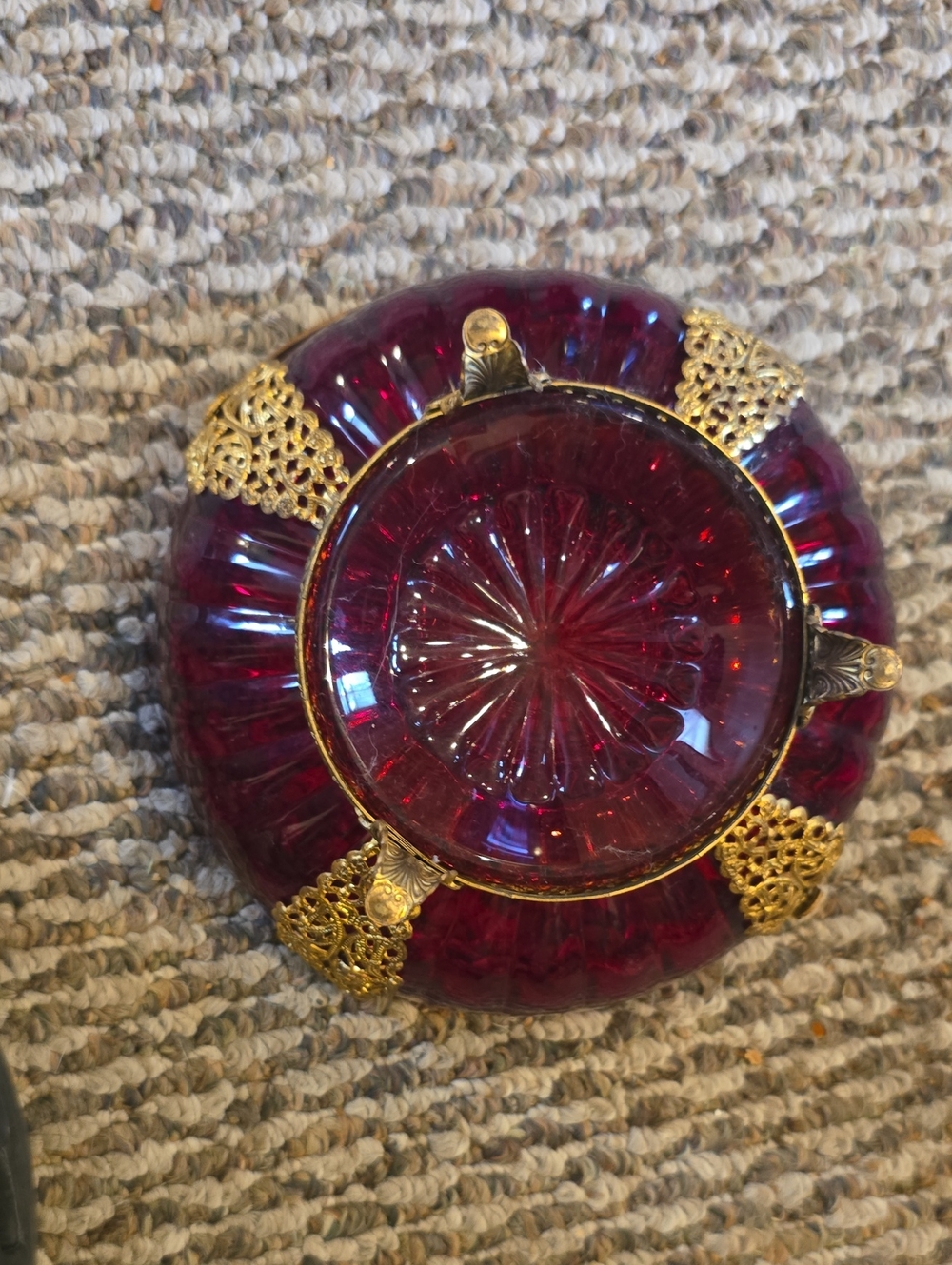 Vintage Decorative Ruby Red Glass & Gold Filigree Basket - Picture 3 of 4